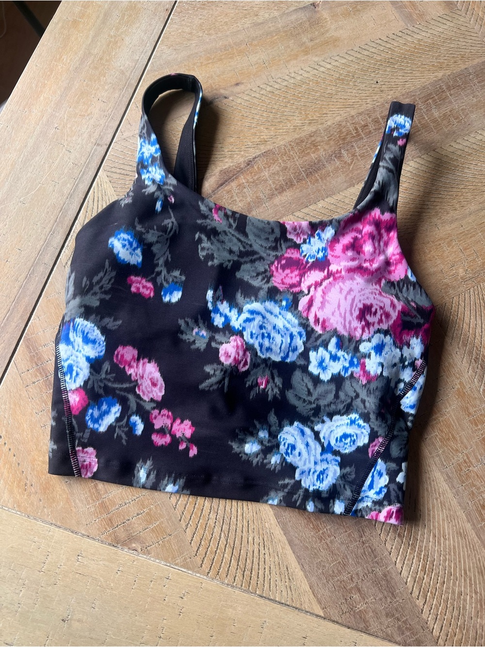 Old Navy Black Floral Crop Tank with Pink & Blue Roses
